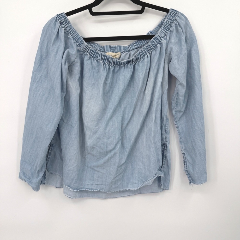 Cloth‎ Stone Top Women S Blue Off Shoulder Long Sleeve Chambray Boho Coastal